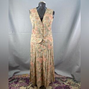 Rare Vintage 90s I.V.Y Vest Skirt Set Linen Tan Garden Flower Themed Cottage USA